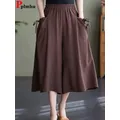 Summer Cotton Linen Culotte Capris Pants Casual Baggy Women High Waist Wide Leg Straight Trouser