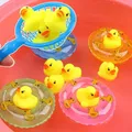 5Pcs/set Baby Bath Toy Kids Mini Floating Swimming Rings Rubber Yellow Ducks Fishing Net Washing