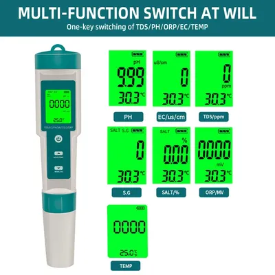 COM-600 7 in 1 PH TDS EC ORP Salinity S. G Temp Meter Water Quality Monitor Tester IP67 for Drinking