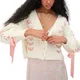 Women's Knit Low Neckline Cardigan Fairy Grunge Wide Satin Ribbon Sweater Sweet Button Contrast