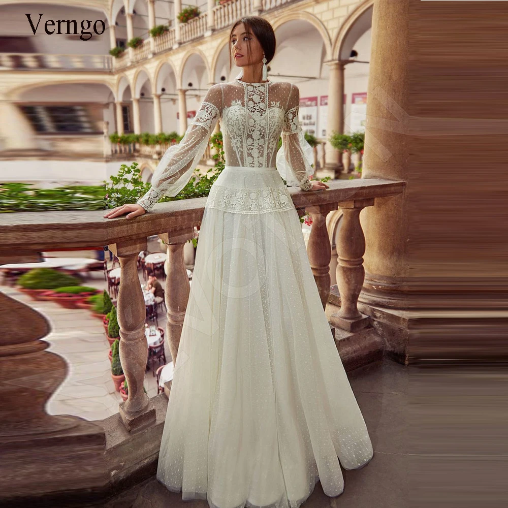 Verngo Elegantes Boho-Hochzeitskleid mit Puffärmeln, gepunktetem Tüll und Spitze für die Braut, langärmelig, Vintage-Knöpfe hinten, Brautkleid, individuell gestaltet Image