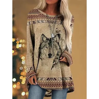 Women's T Shirt Wolf 3d Print T-shirt Women Fashion Animal T-shirts Casual Long Sleeve Tops Tees Vintage Tshirt Loose Tees Owl
