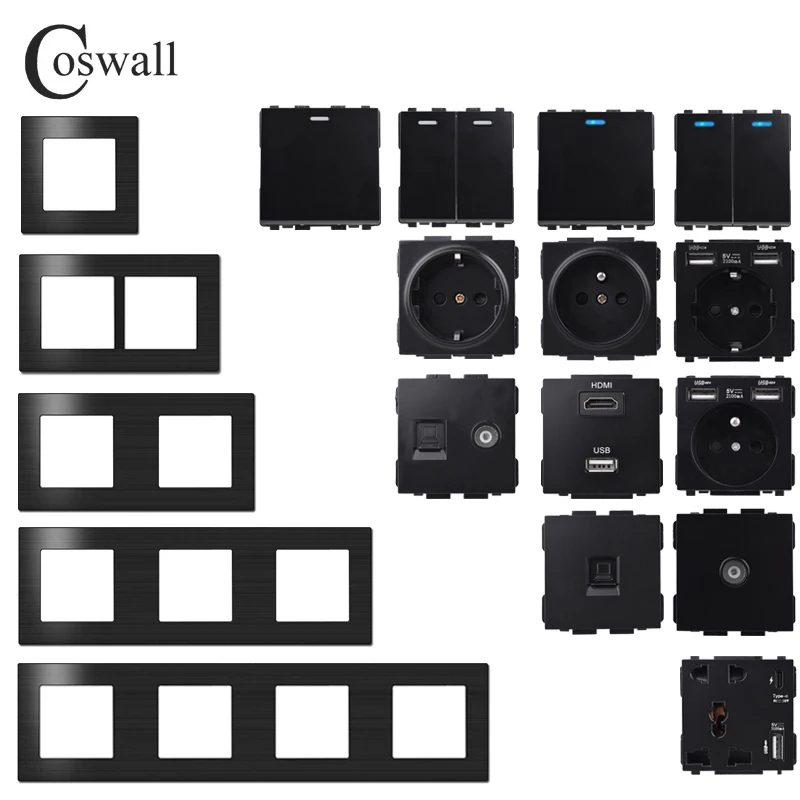 COSWALL L1 Serie Schwarz Gebürstet Aluminium Panel Wand Schalter EU Französisch Buchse HDMI-kompatibel USB Ladegerät TV RJ45 Module DIY Image
