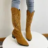 Frauen Western Cowboy Stiefel Spitz frauen Schuhe Druck Mitte Wade Stiefel Winter Chunky Ferse Keile Ritter Botas Feminina