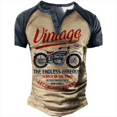 Motorcycle 3D Print Vintage Henley Shirts Men's Casual Fashion Streetwear Oversized Short Sleeve T Shirt Man Tees Tops Clothing