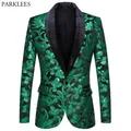 Shiny Green Floral Sequin Tuxedo Blazers Men One Button Shawl Collar Dress Suit Jacket Party Dinner