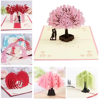 3D Pop UP Karten Valentines Tag Geschenk Postkarte mit Umschlag Aufkleber Kirschbaum Hochzeit &