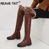 REAVE CAT Schneestiefel Pelz Damen Lederstiefel Med Block Heels Overknee Stiefel Damenschuhe Bota Feminina Größe 44 46