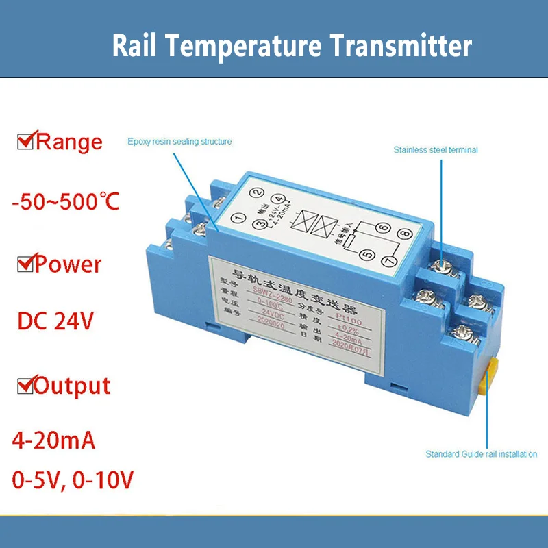 Schienentemperatursender PT100 0,2 DIN-Temperatursendermodul 24V 4-20MA Ausgang SBWZ-2280 Image