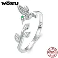 WOSTU 925 Sterling Silber Blume & Vogel Offenen Ring Für Frauen Klar CZ Schmetterling Einstellbare