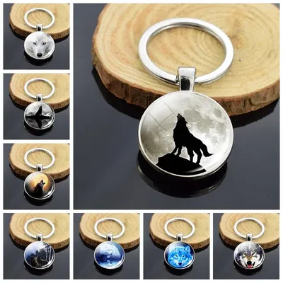 Wolf Howling Die Mond Doppel Seiten Glas Dome Keychain Männer Mode Schlüssel Kette Ringe Wolf Kopf