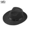 LUCKYLIANJI Vintage Men Women Hard Wool Felt Hat Wide Brim Fedora Trilby Panama Hat Gangster Cap