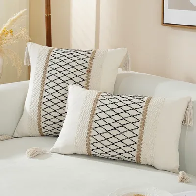 Beige Kissen bezug für Sofa Kissen Leinen Streifen Diamant gewebt 45x45cm Boho-Stil Bauernhaus Dekoration Quasten Home Room Couch Image