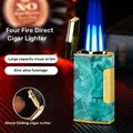 Powerful Four Flame Windproof Cigar Lighter Blue Flame Inflatable Butane Gas Lighter with Cigar