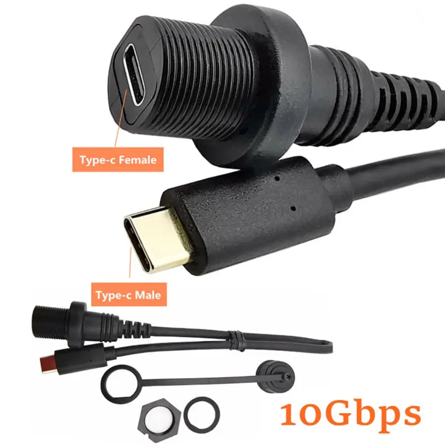 USB Typ C 3,1 IP67 Wasserdicht 2,0 Stecker Auf Buchse Dashboard Flush Panel Mount Verlängerung Kabel Kabel Für Auto Lkw boot Motorrad Image