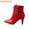 Marke Neue Heiße Verkäufe Frauen Nude Stiefeletten Rot Schwarz Schnalle Damen Reiten Spike Schuhe High Heels EMB08 Plus Große größe 32 45 11