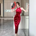 2023 Herbst neue französische Vintage rot ärmellose Samt Midi Kleider Frauen elegante schicke