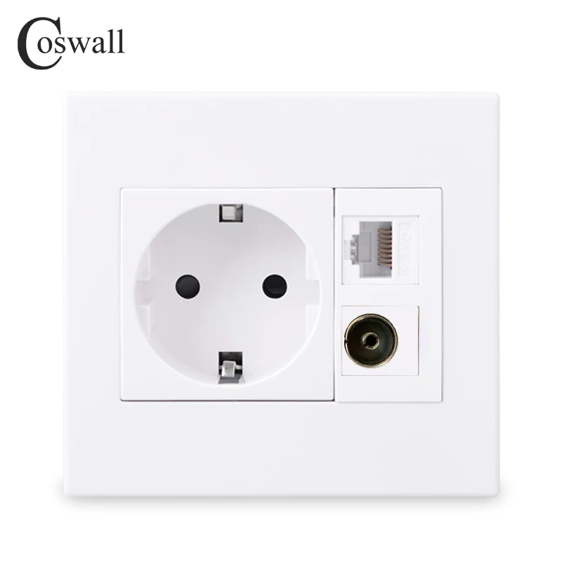 Coswall PC Panel 16A EU Wand Steckdose Geerdet Mit Weibliche TV Stecker + 8 Core CAT6 RJ45 Internet Computer daten Outlet Image