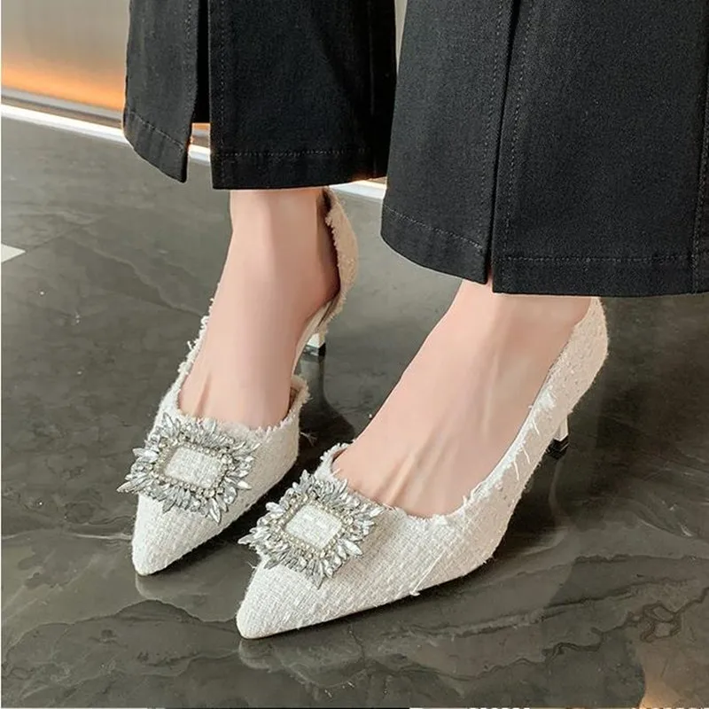 Weiß Design Strass Frauen Pumpen Frühling Mode Spitz Weiblichen Flachen Hohe Ferse Elegante frauen Arbeit Kleid Schuhe