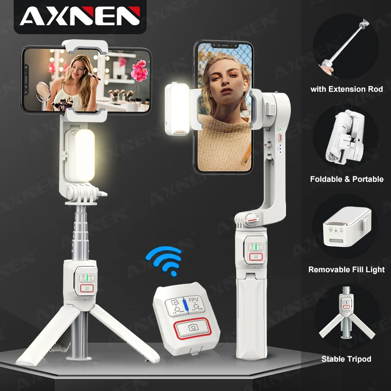 AXNEN A10 Handheld Gimbal Smartphone Stabilisator mit Fülllicht Verlängerungsstange Fernbedienung Handy Selfie Stick für iPhone Samsung