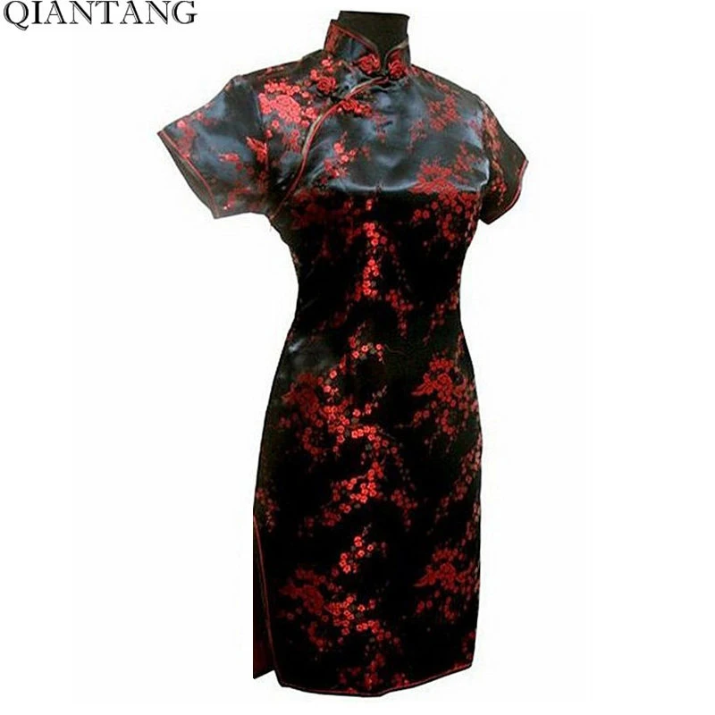 Schwarzer chinesischer Stil kurze Cheong sam traditionelle Frauen Satin Mini Qipao Kleid vestido Kleidung plus Größe S-6XL