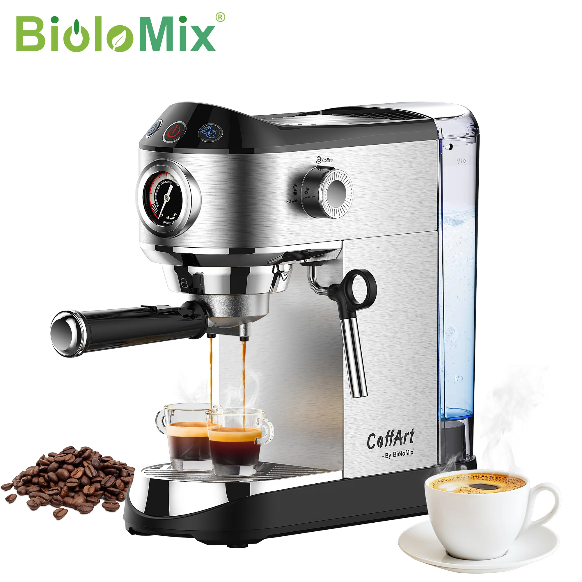 BioloMix Edelstahl 20-Bar halbautomatische Pulverkaffeemaschine, mit Milchdampfaufschäumer, für Espresso, Cappuccino