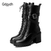 Gdgydh Frauen Mid-kalb Stiefel Runde Kappe Starke Absatz Plattform Schuhe Weiche Leder Punk Weibliche Motorrad Stiefel Plus Größe 34-43