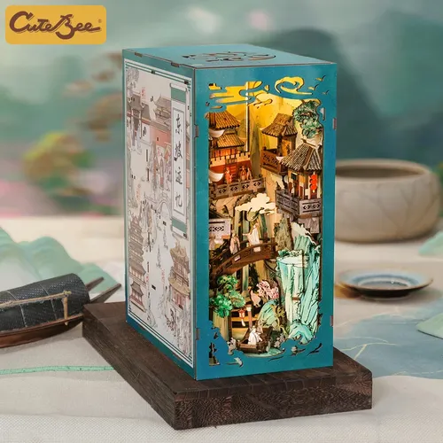 Cute bee Antike Buch Nook chinesischen Stil Puppenhaus Kit mit Touch Light Staubs chutz 3D Puzzle
