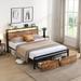 Full Size Bed Frame Platform Bed with LED Headboard/ 2 Storage Drawers/ Charging Station, No Box Spring Needed, Black+Brown
