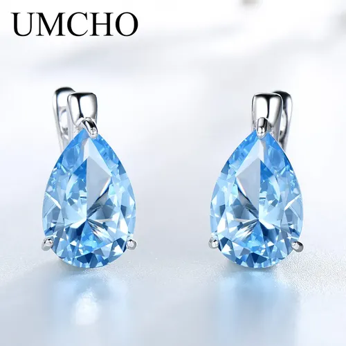 UMCHO Luxus Nano Edelstein Blau Topas Clip Ohrringe Für Frauen 925 Sterling Silber Clip Auf Ohrringe