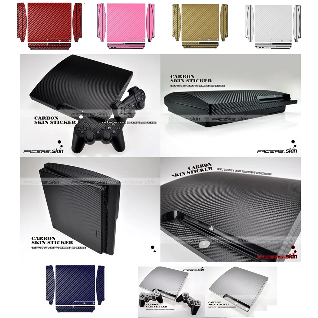 7 Colours Available Carbon Fiber Vinyl Skin Sticker for Sony PS3 Slim PlayStation 3 Slim and 2 controller skins Stickers