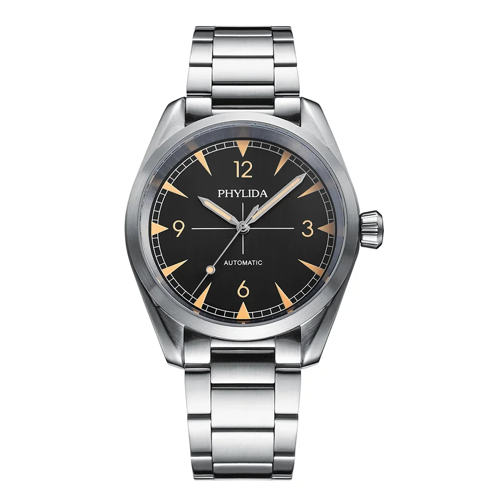 PHYLIDA 40 mm Herren-Automatikuhr, klassische mechanische Armbanduhr, schwarzes Zifferblatt, NH38A-Uhrwerk, 100 m wasserdicht, vollständig gebürstet Image
