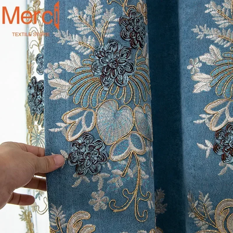 Vorhang im europäischen Stil für Wohnzimmer, Esszimmer, Schlafzimmer, Chenille, luxuriöser blauer Tüll, Schattierung, bestickt, High-End-Fenster, individuelle Größe Image