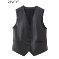 Zevity New Women Fashion V Neck Single Breasted Faux Leather Slim Vest Jacket Office Lady WaistCoat