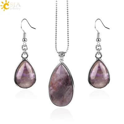 CSJA Frauen Boho Schmuck Sets Natürliche Edelstein Stein Wasser Drop Halskette Ohrring Set Lapis