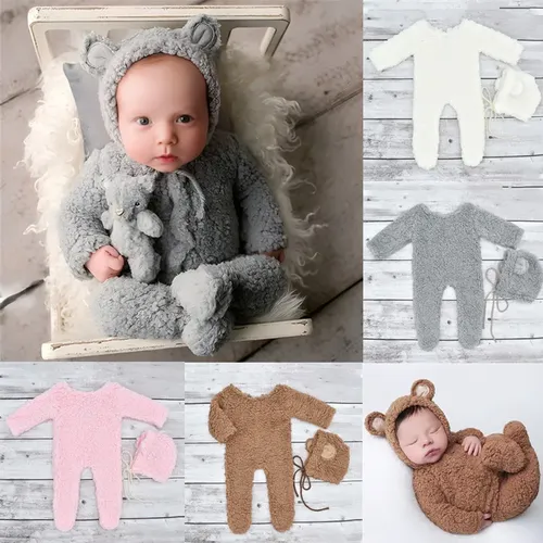 ️ Neugeborene Fotografie Kleidung Plüsch Teddybär Hut + Overalls 2 teile/satz Studio Baby Foto