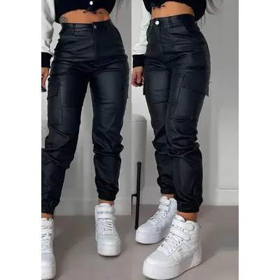 Women's Cargo Pants 2023 Fashion Street Trends Pocket Design Cuffed Y2k Tight PU Leather Trousers Autumn High Waist Pant Female