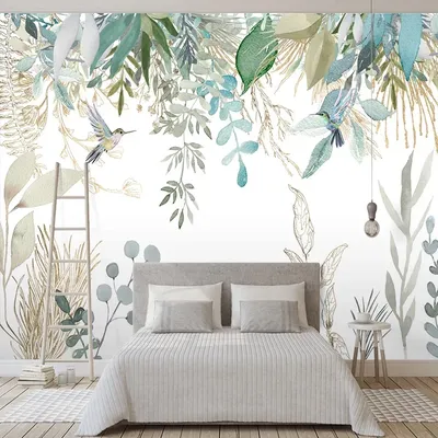 Fototapete Moderne handgemalte tropische Pflanze Blätter Blumen und Vögel Wandgemälde Wohnzimmer Schlafzimmer wasserdichte Wandmalerei Image