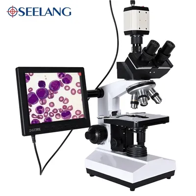 Professionelles biologisches HD-Trinokularmikroskop im Labor, Zoom 2500X + USB HDMI VGA CVBS elektronische digitale CCD-Kamera + 8-Zoll-LCD