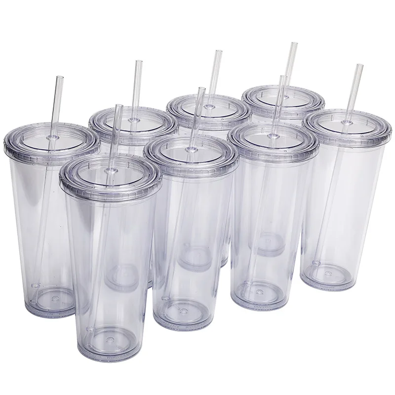 Doppelwandiger Becher aus durchsichtigem Kunststoff mit Strohhalm, flachem Deckel, schwarzem und grünem Deckel, 710 ml, 24 Unzen, 2024 neu Image