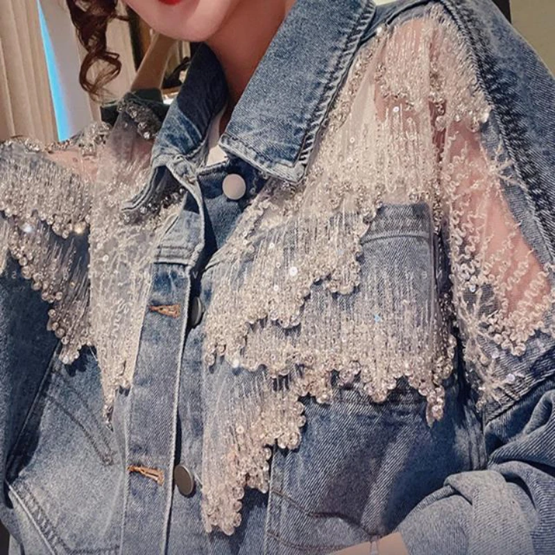 Schicke diamant besetzte Jeans jacke lose Spitze Mesh Nähte Pailletten Bomber Jeans Mantel hohle Perlen Strickjacke dünne Tops Chaqueta Image