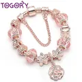 TOGORY Vintage Silber Farbe Charme Armband Für Frauen mit Blume Anhänger & Rose Gold Kristall Kugel