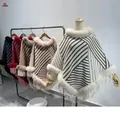 Fashion Tassels Stripes Faux Rex Rabbit Fur Poncho Coat Autumn Winter Knit Pullover Cloak Women Warm