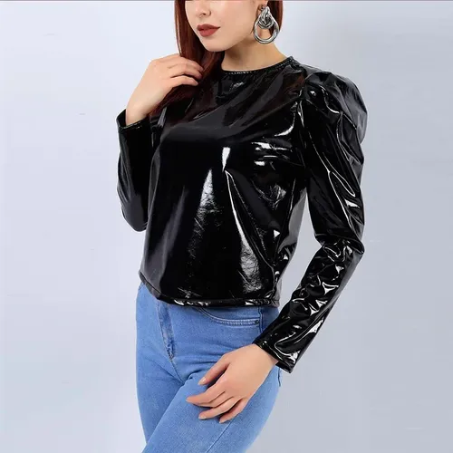 Frauen Latex Patent Leder Oansatz Tops Langarm Shirt Pullover PVC Jacken Plus Größe Schwarz Rot PU