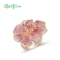 SANTUZZA 925 Sterling Silver Rings For Women Lab Created Ruby/Pink Sapphire Gradient Flower Blossom