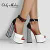 Only maker Frauen Sandalen Plattform Peep Toe Chunky Square Heels Knöchel riemen Sandalen schwarz und weiß Streifen Party Mode Schuhe