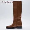 Meotina INS Frauen Echtem Leder Reitstiefel Stiefel Med Ferse Runde Kappe Schuhe Starke Ferse Kniehohe Stiefel Dame Herbst Winter 42 braun