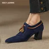 2023 frühling Frauen Schuhe Spitz Blockabsatz Frauen Pumpen Schafe Wildleder High Heels Gürtel Schnalle Schuhe für Frauen zapatos de mujer