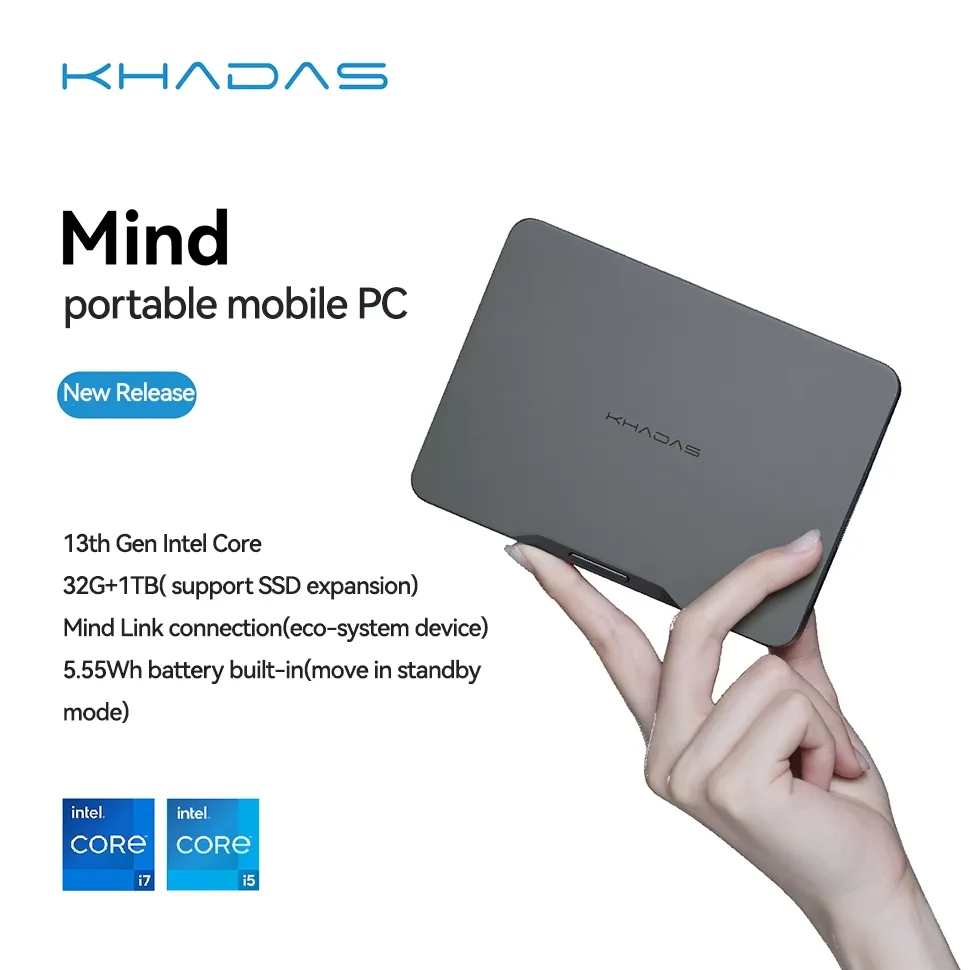 Khadas Mind 1 Mini-PC mit 5,55 Wh Akku Tiny Intel Desktop-Computer mit WiFi 6E, BT5.3, Mind Link, Windows 11 Home 32 GB + 1 TB