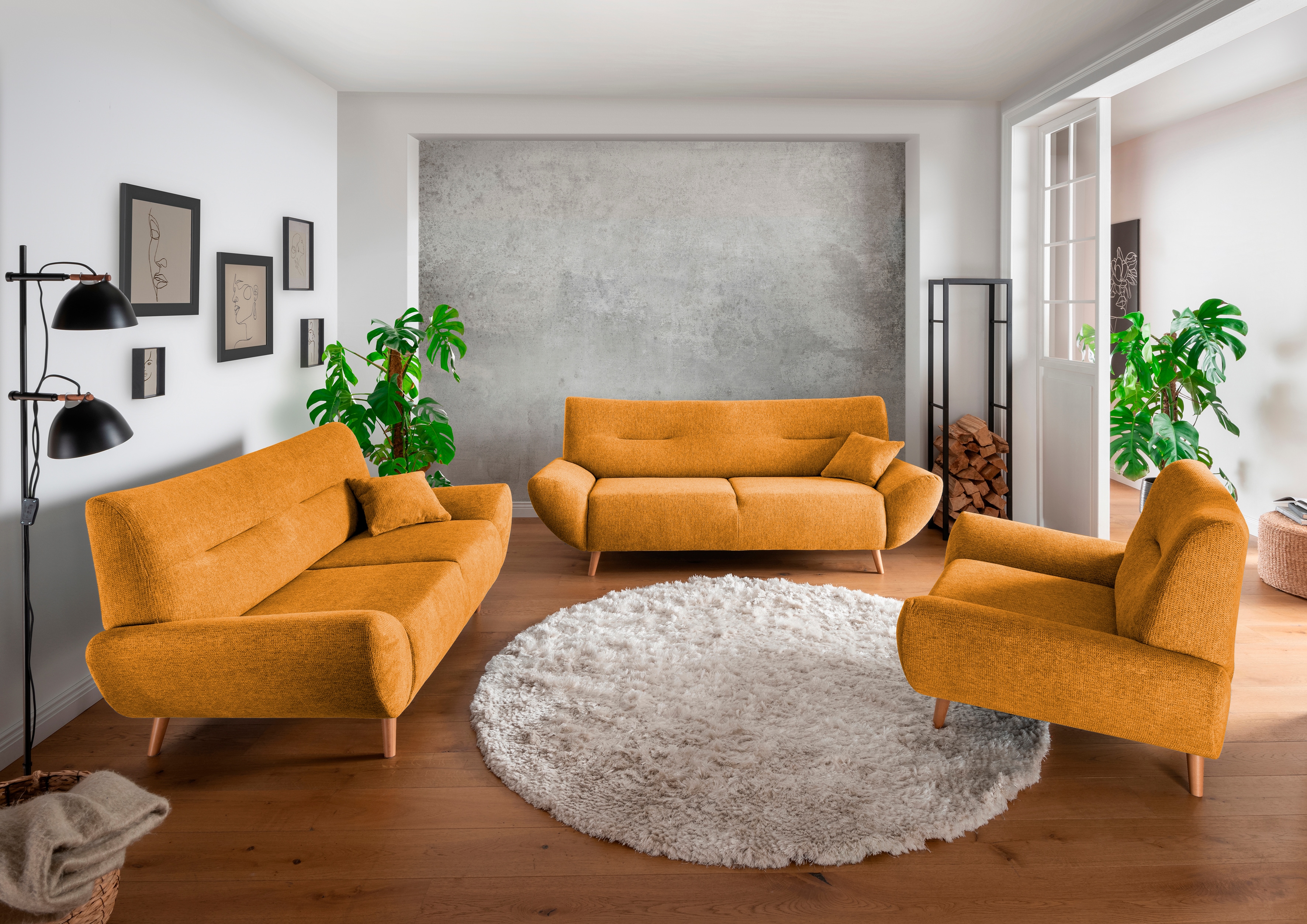 Polstergarnitur INOSIGN "Drago elegant und zeitlos, komfortabel, moderne Formensprache", gold (gold,), H:81cm T:90cm, 100% Polyester, Sitzmöbel-Sets, Set 3-2-1, bequem, versch. Stoffe, inkl. 2 Zierkissen